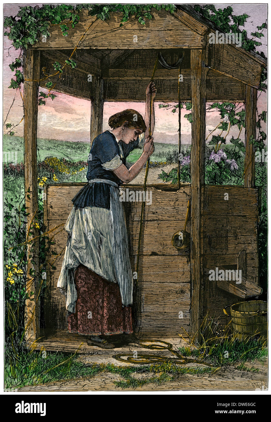 Frau Zeichnung Wasser aus einem Brunnen. Hand - farbige Holzschnitt Stockfoto
