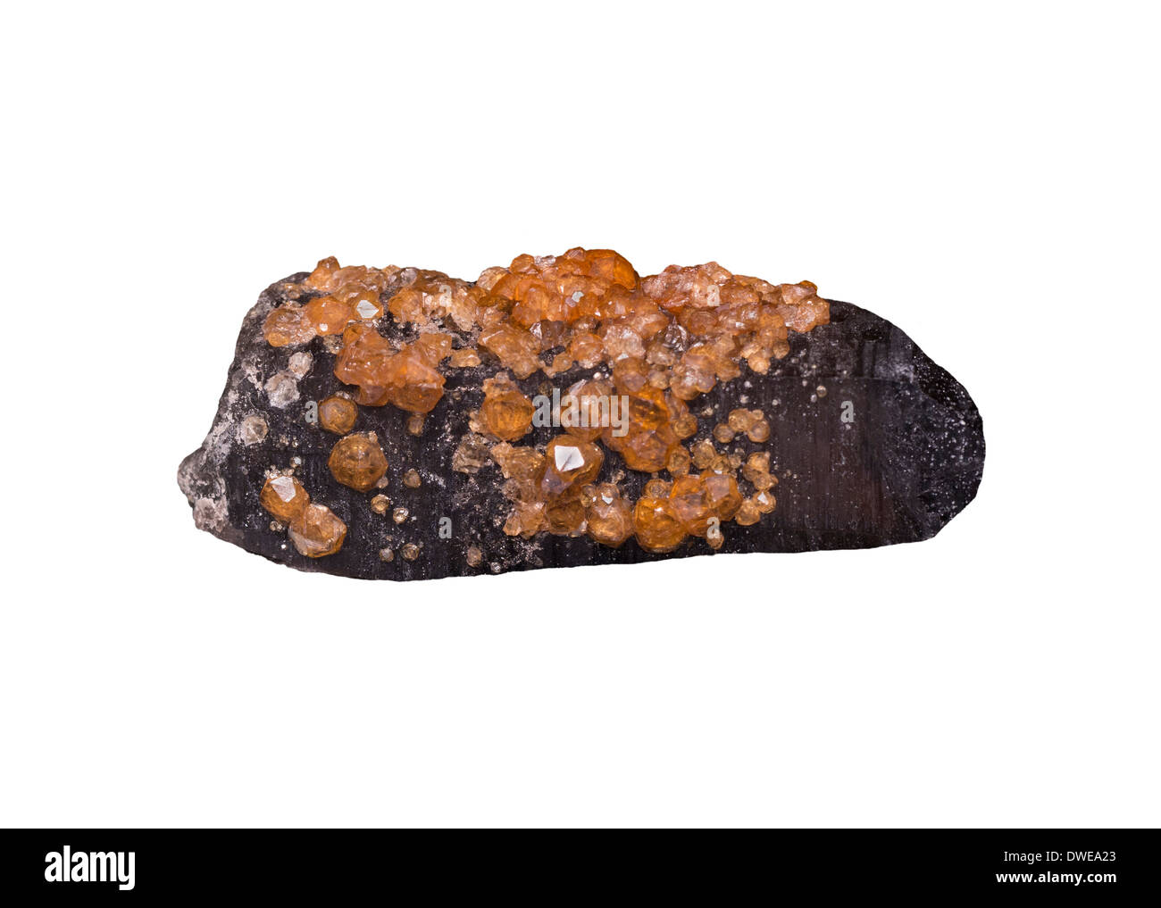 Spessarite Granat Kristalle auf Smokey Quarz Stockfoto