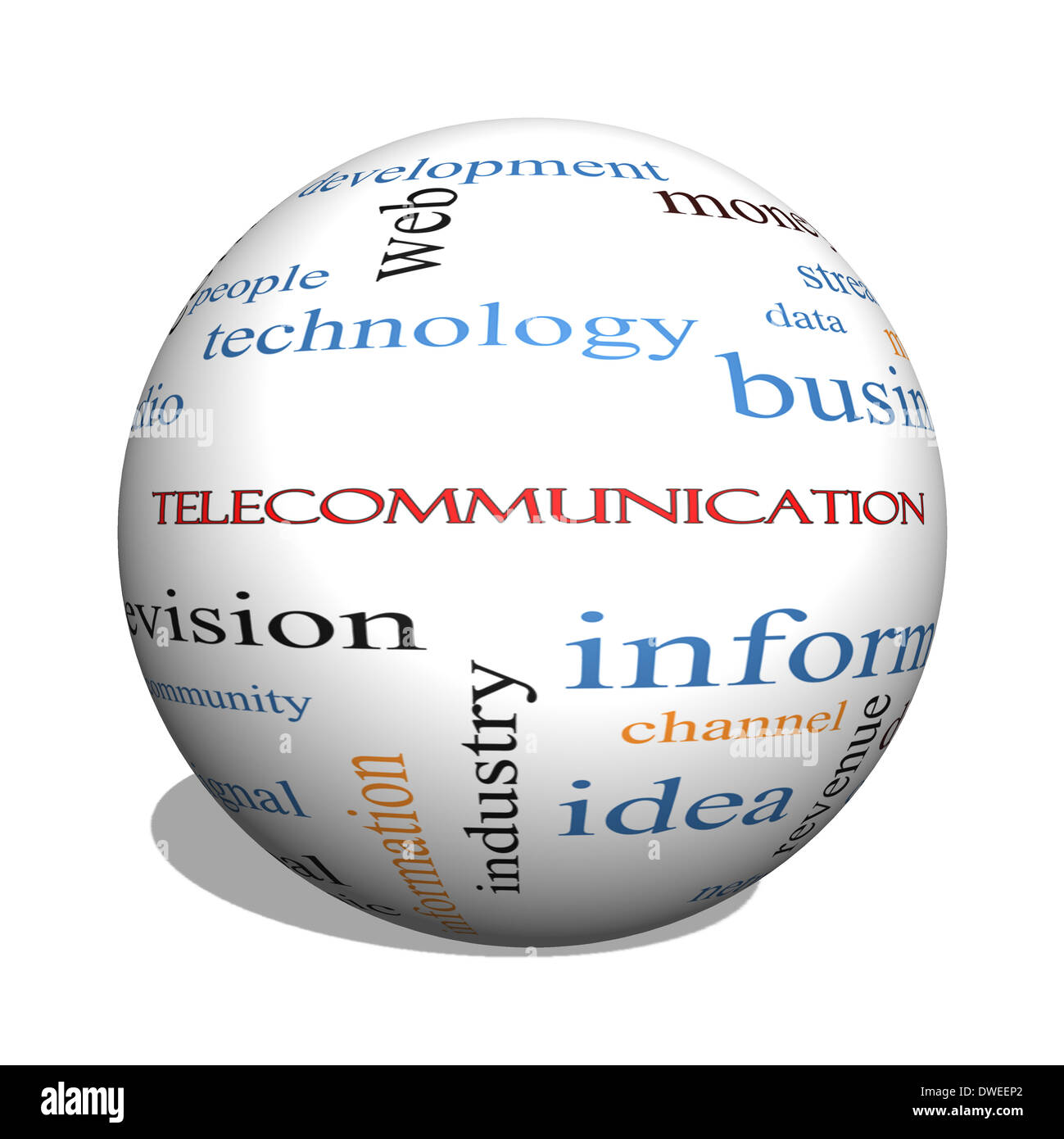 Telekommunikation 3D Kugel Word Cloud-Konzept mit großen Begriffe wie Strom, Netzwerk, Satelliten und vieles mehr. Stockfoto