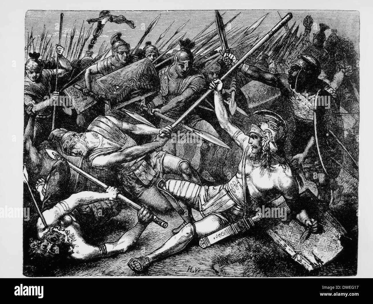 Tod von Spartacus, Führer der Sklavenaufstand, 71 v. Chr., Kupferstich von Hermann Vogel, 1882 Stockfoto