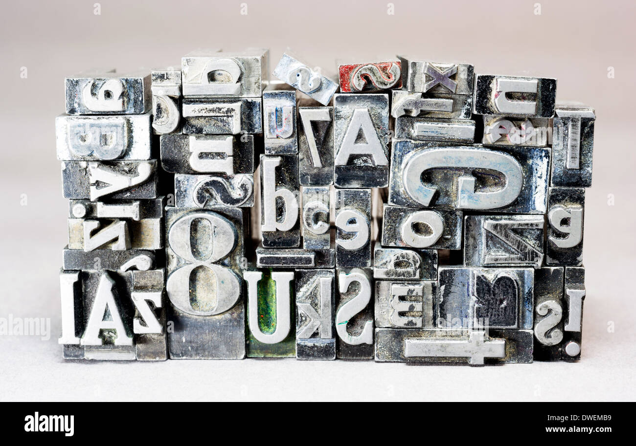 Bleisatz Presseschild Schriftsatz Typografie veraltet Text Buchstaben drucken Stockfoto