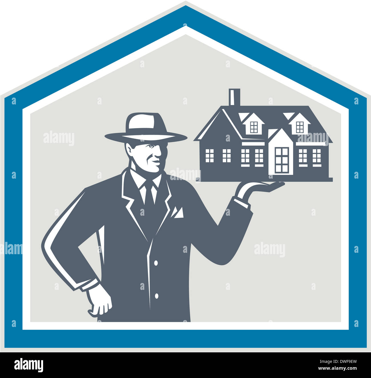 Darstellung der Immobilien Verkäufer Verkaufsagent Hut hält ein Haus auf seine Hand innen Shiled auf isolierte Hintergrund getan im retro-Stil festgelegt. Stockfoto