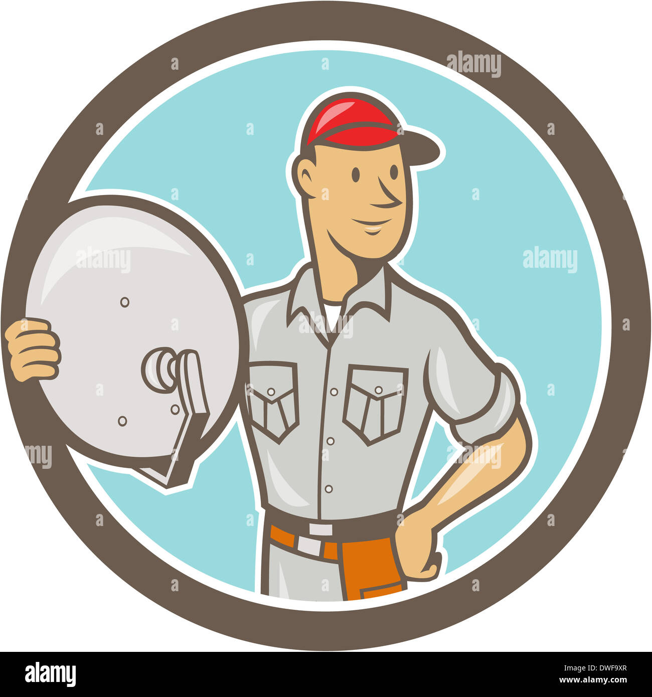 Abbildung von einem Kabel-Tv-Installer-Mann hält Satellitenschüssel von vorne im inneren Kreis getan im Cartoon-Stil auf weißem Hintergrund isoliert betrachtet. Stockfoto