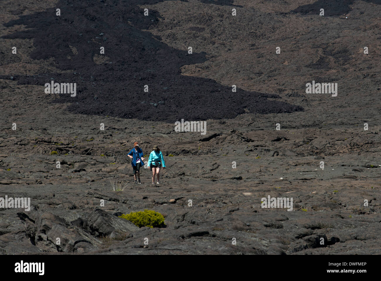 Eine Familie, eine Wanderung über die Lava des Vulkans Piton De La Fournaise. Es ist der einzige aktive Vulkan auf der Insel. Seine Eruptionen ziehen Tausende von Besuchern. Die Lavaströme erstrecken sich entlang der Ostküste verursacht eine einzigartige Landschaft. Der Vulkan können wenn diese Option nicht aktiviert, Sie auch Wandern. Es gibt mehrere markierte Wege. Die Zufahrt zum Vulkan lohnt. Wir durchqueren Landschaften voller Vegetation angepasst an die Höhe und Feuchtigkeit (ständige Nebel), die in diesem Bereich ist. Stockfoto