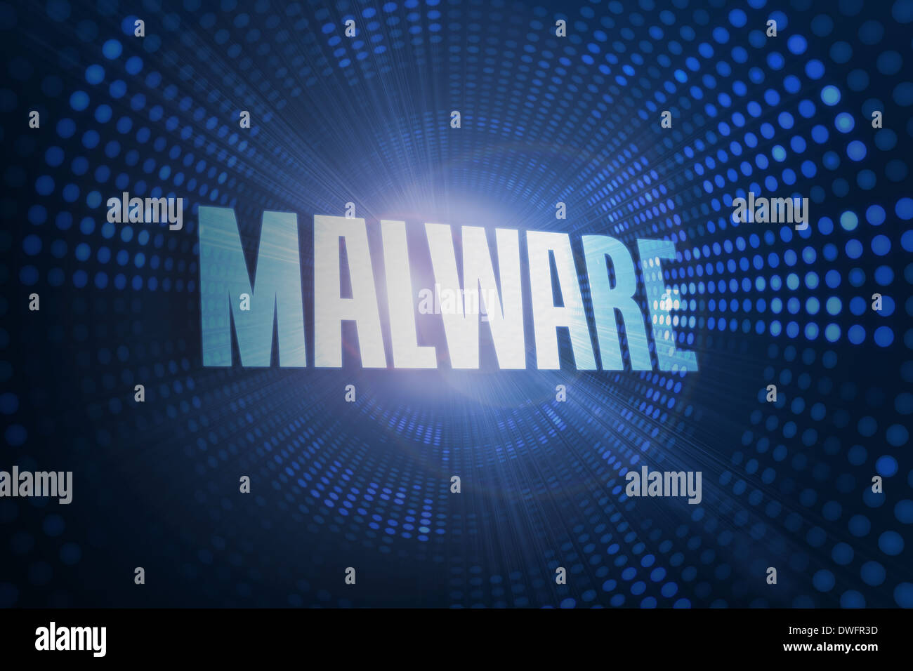 Malware vor futuristischen gepunkteten blauen und schwarzen Hintergrund Stockfoto