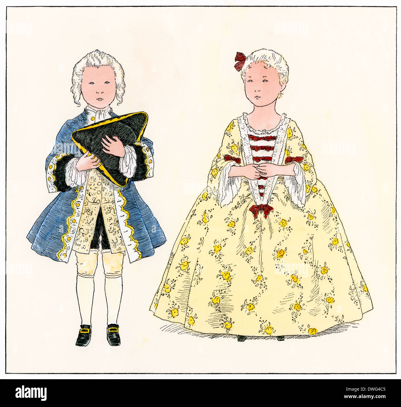 Aristokratischen französische Kinder gekleidet, wie Erwachsene, 1700. Hand - farbige Holzschnitt Stockfoto