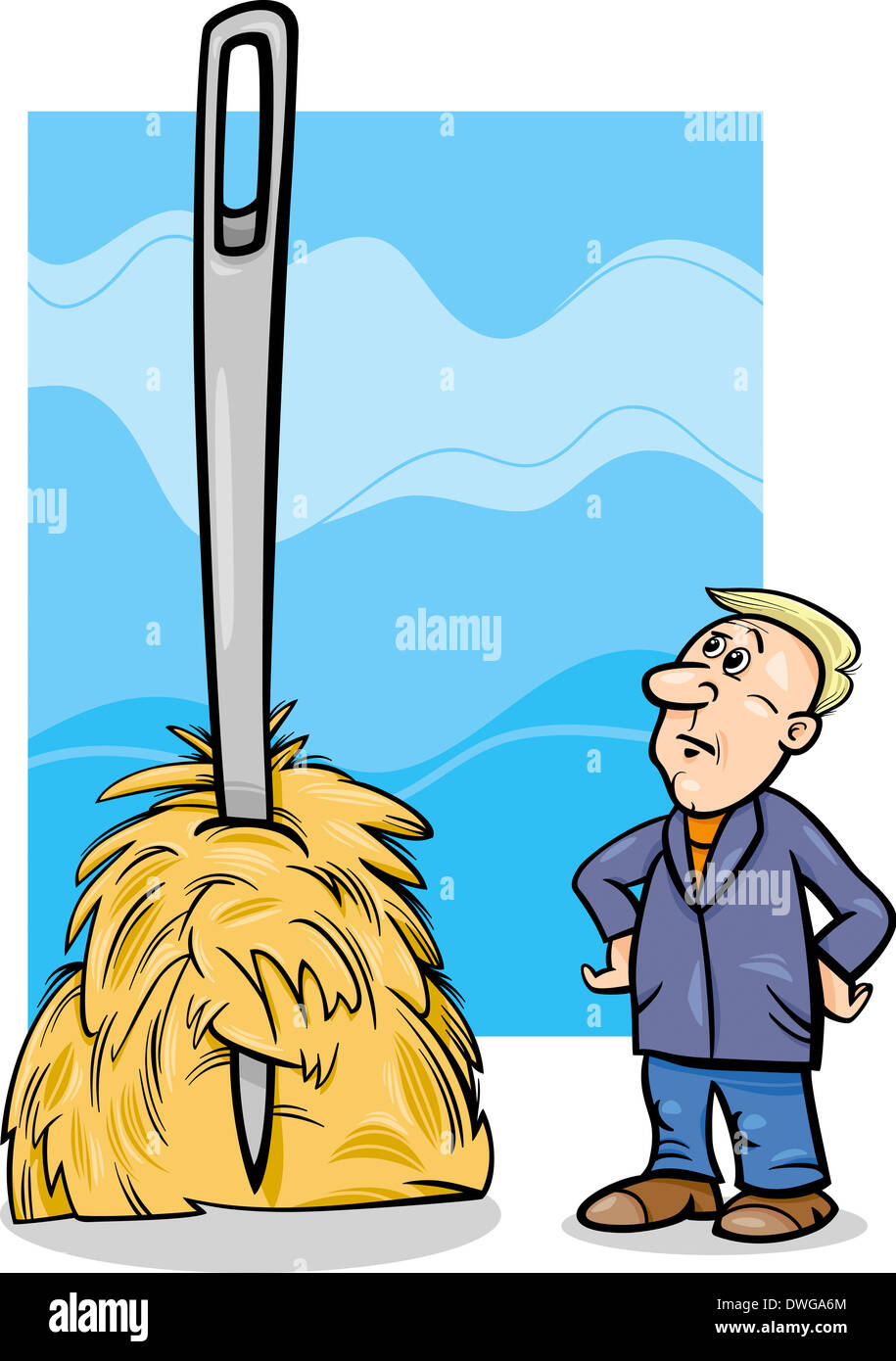 Cartoon Humor Concept Illustration der Nadel in einem Heuhaufen Spruch oder Sprichwort Stockfoto