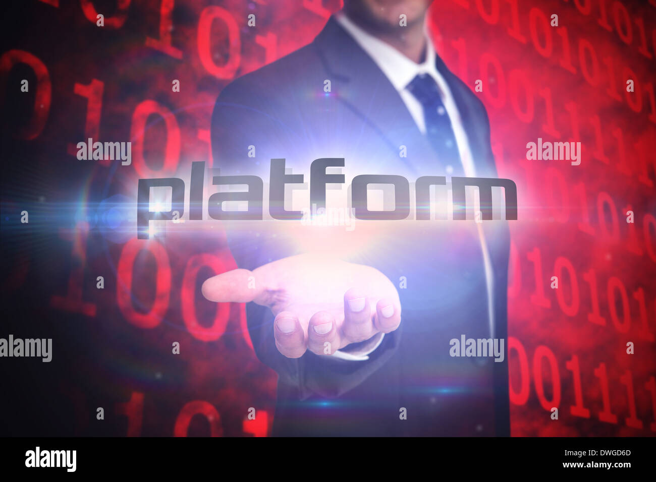 Plattform gegen glänzende rote Binärcode auf schwarzem Hintergrund Stockfoto