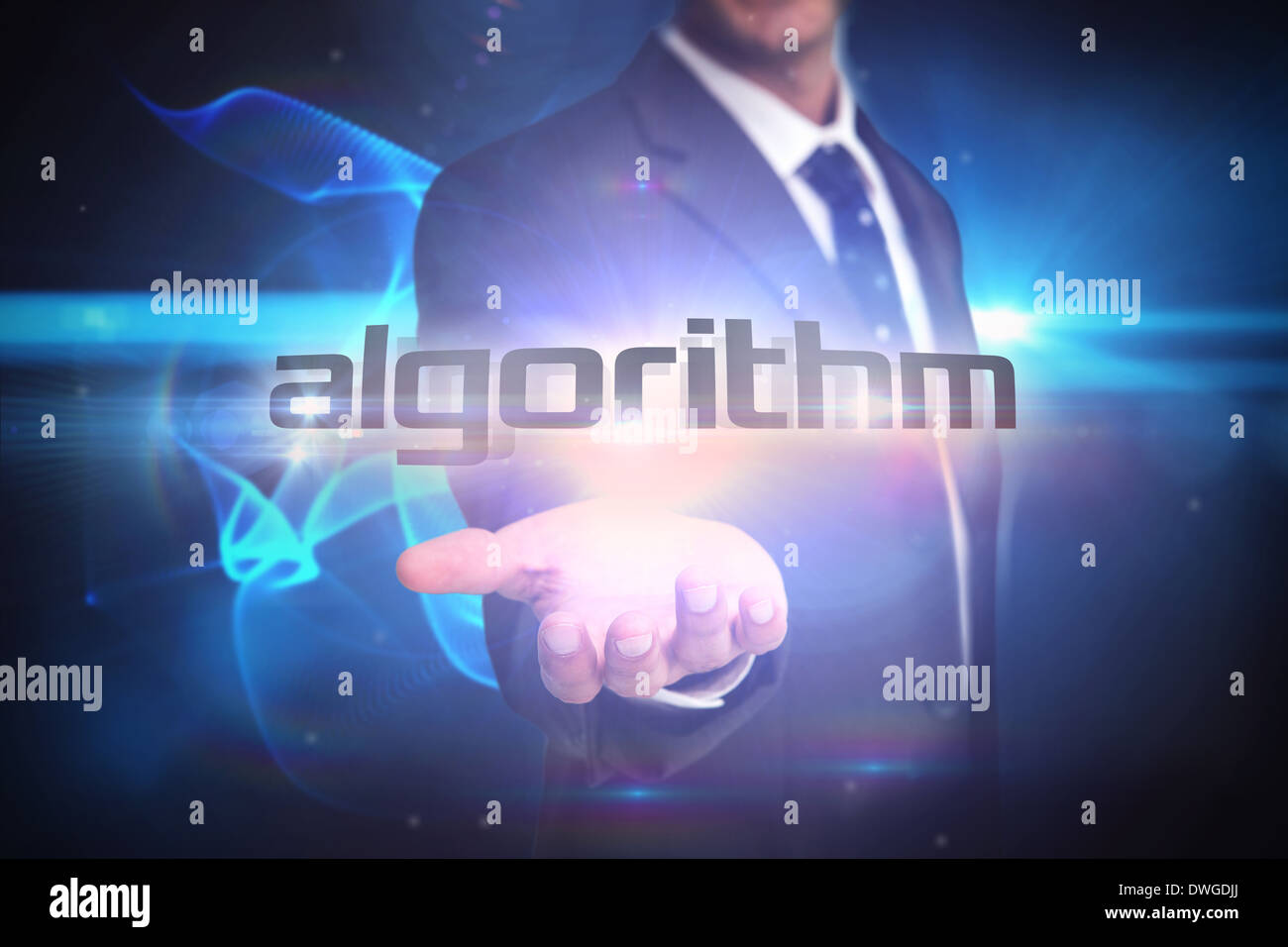 Algorithmus gegen glühende Wirbel auf schwarzem Hintergrund Stockfoto