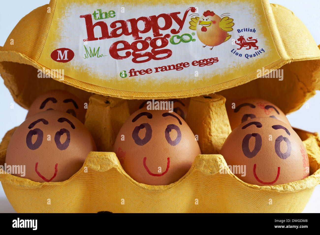 Karton der Happy ei Co6 Eier aus Freilandhaltung British Lion Qualität M mit Deckel öffnen, um Inhalte mit Eiern lächelnd und glücklich zeigen Stockfoto