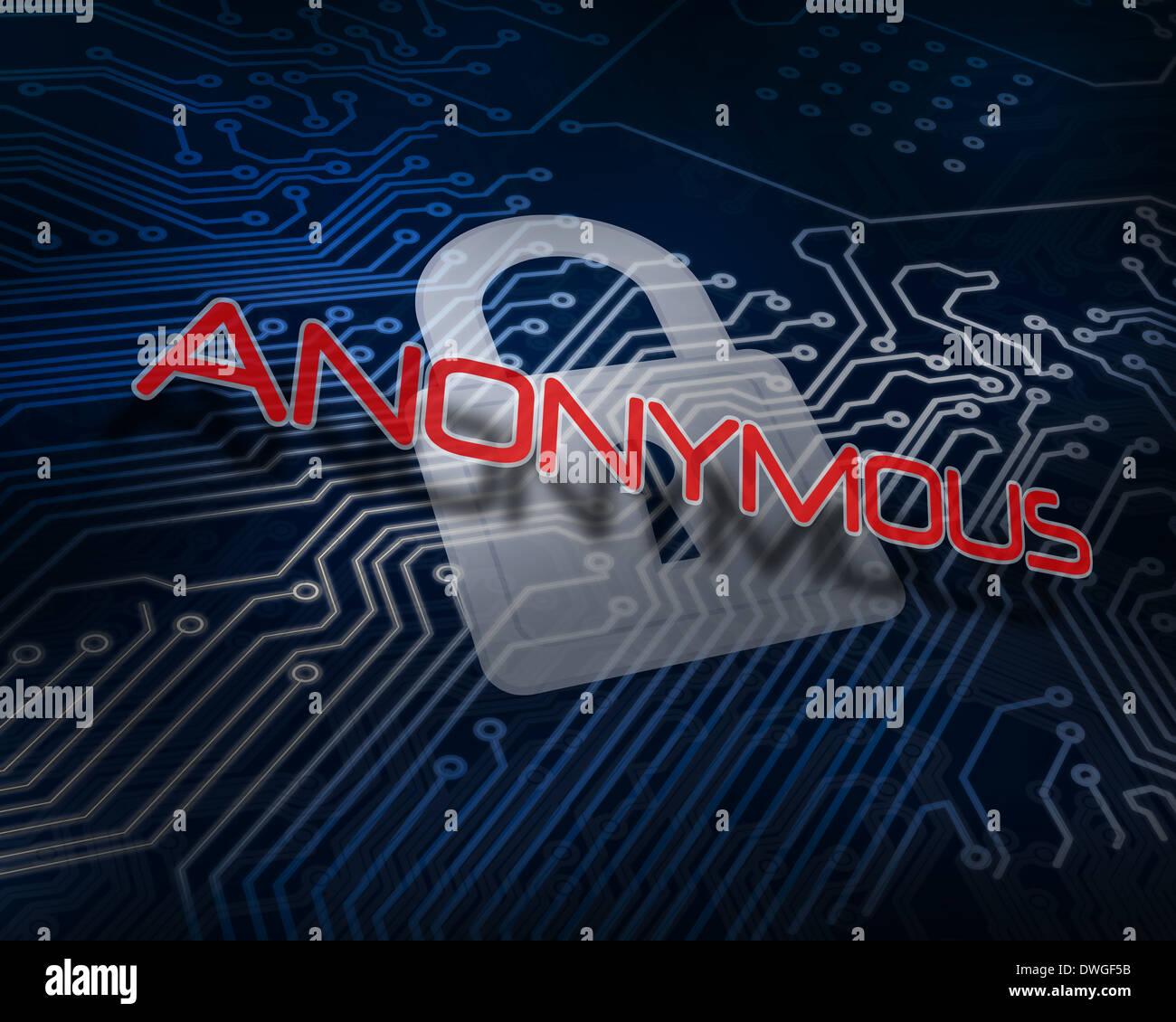Anonymous gegen weiße digitale Vorhängeschloss über Platine Stockfoto