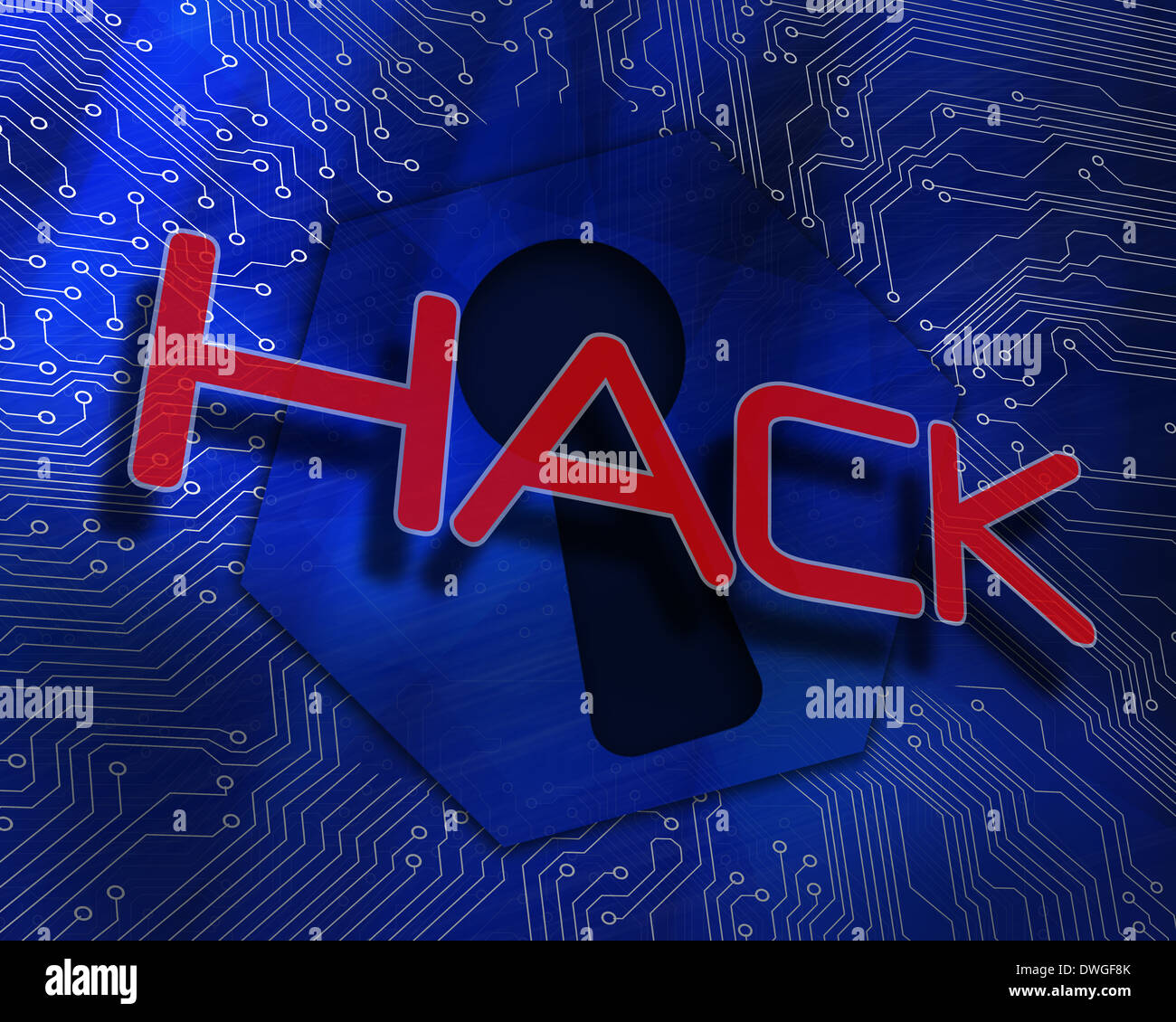 Hack gegen Schlüsselloch Grafik auf blauem Hintergrund Stockfoto