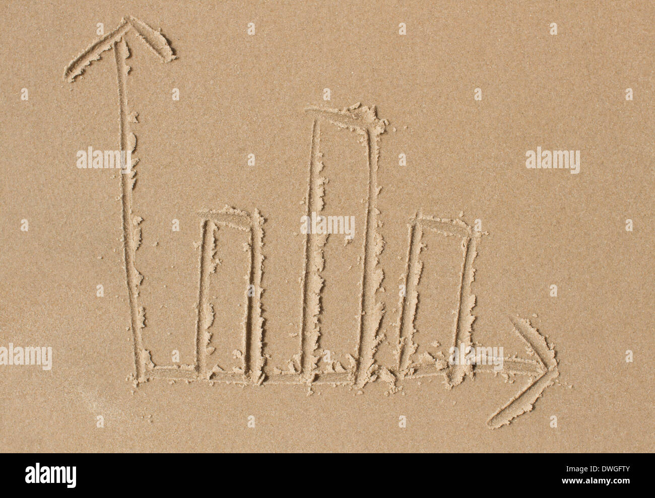 Zeichnung von Balkendiagramm in sand Stockfoto
