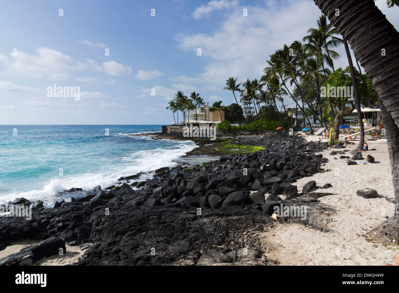 Weiße (magische) Sands Beach, Laʻaloa Beach County Park, Kailua-Kona, Big Island, Hawaii, USA. Stockfoto