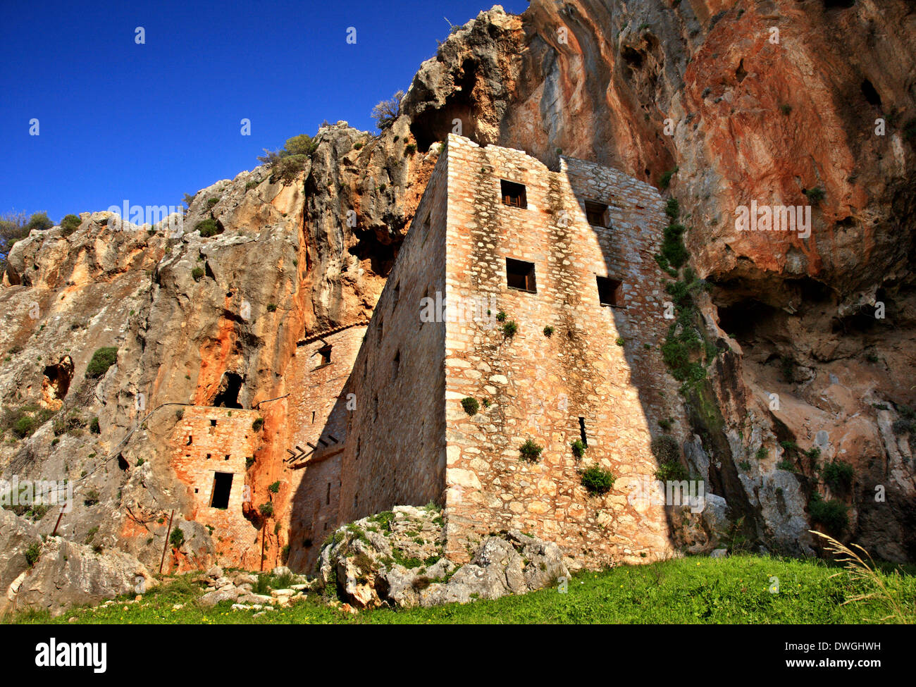 Das byzantinische Kloster Agios Demetrios (Avgo), Ermionida Gemeinde, Argolis (Argolis), Peloponnes, Griechenland. Stockfoto