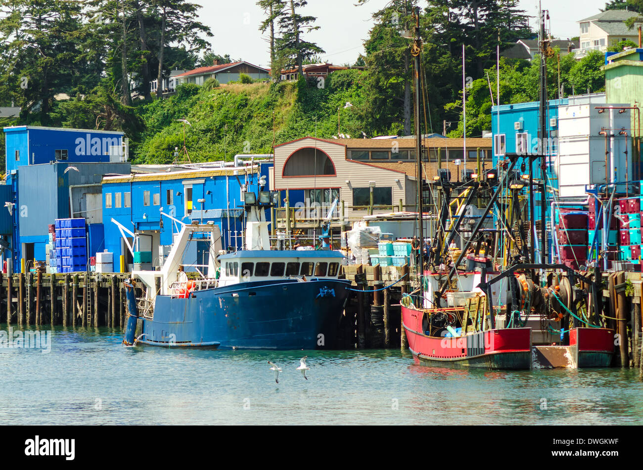 Blick von der Uferpromenade mit alten Fischerbooten in Newport, Oregon Stockfoto