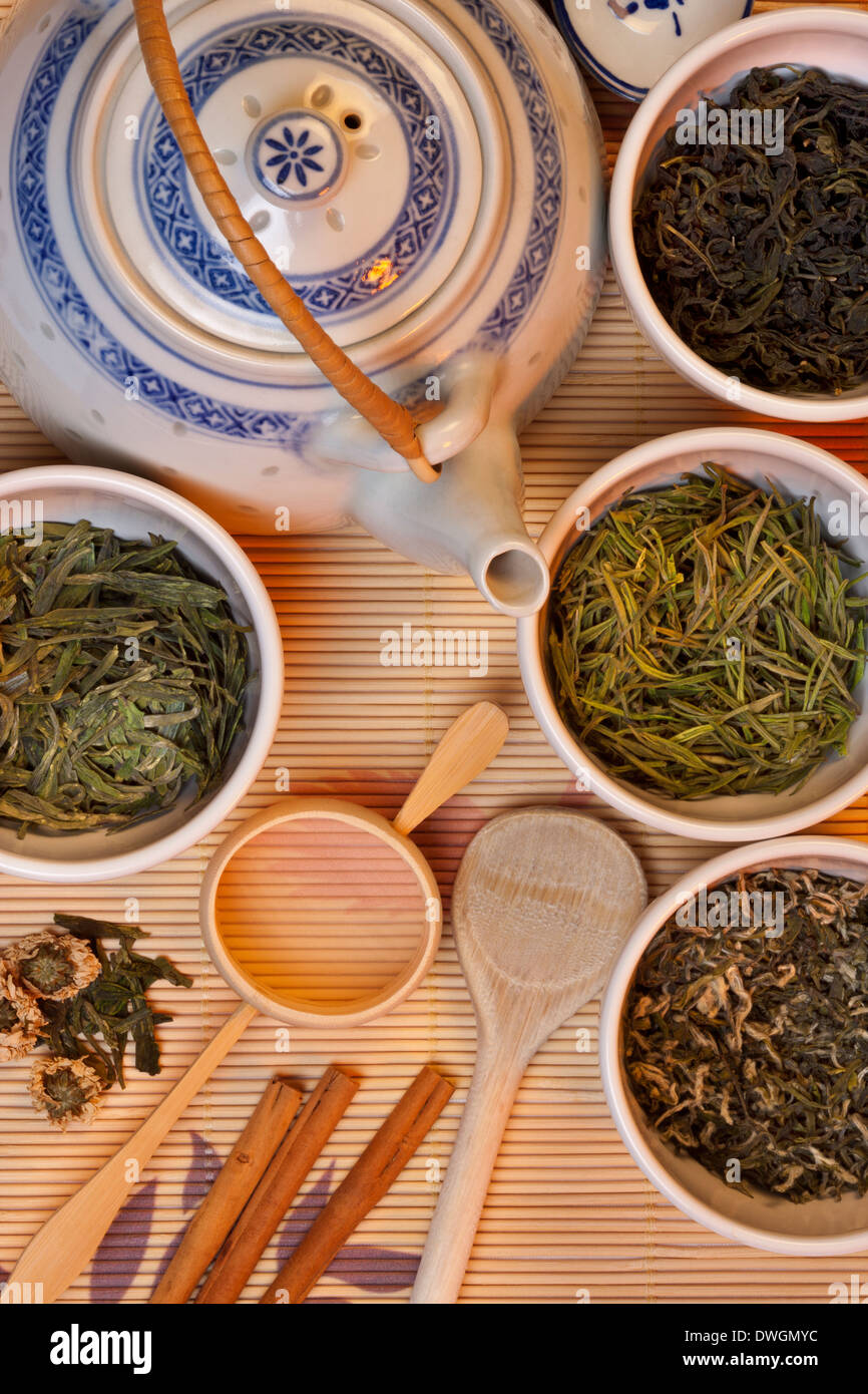 Auswahl an chinesischer Grüntee - Drachen auch Long Jing, Pouchong, Mao Jian, Anji Bai Cha. Stockfoto