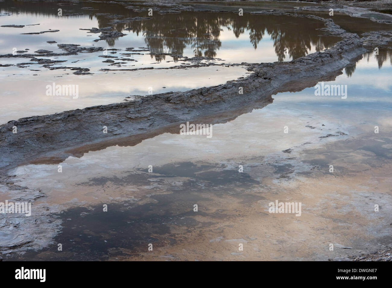 Großer Brunnen Geysir entlang der Firehole Lake Drive bei Sonnenuntergang, Lower Geyser Basin, Yellowstone-Nationalpark, Wyoming. Stockfoto