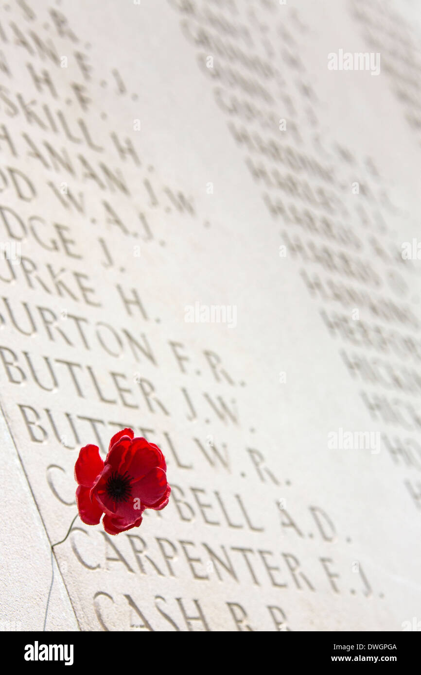 Denkmal mit den Namen der gefallenen Soldaten auf dem australischen Friedhof in der Vallée De La Somme in Nordfrankreich Stockfoto