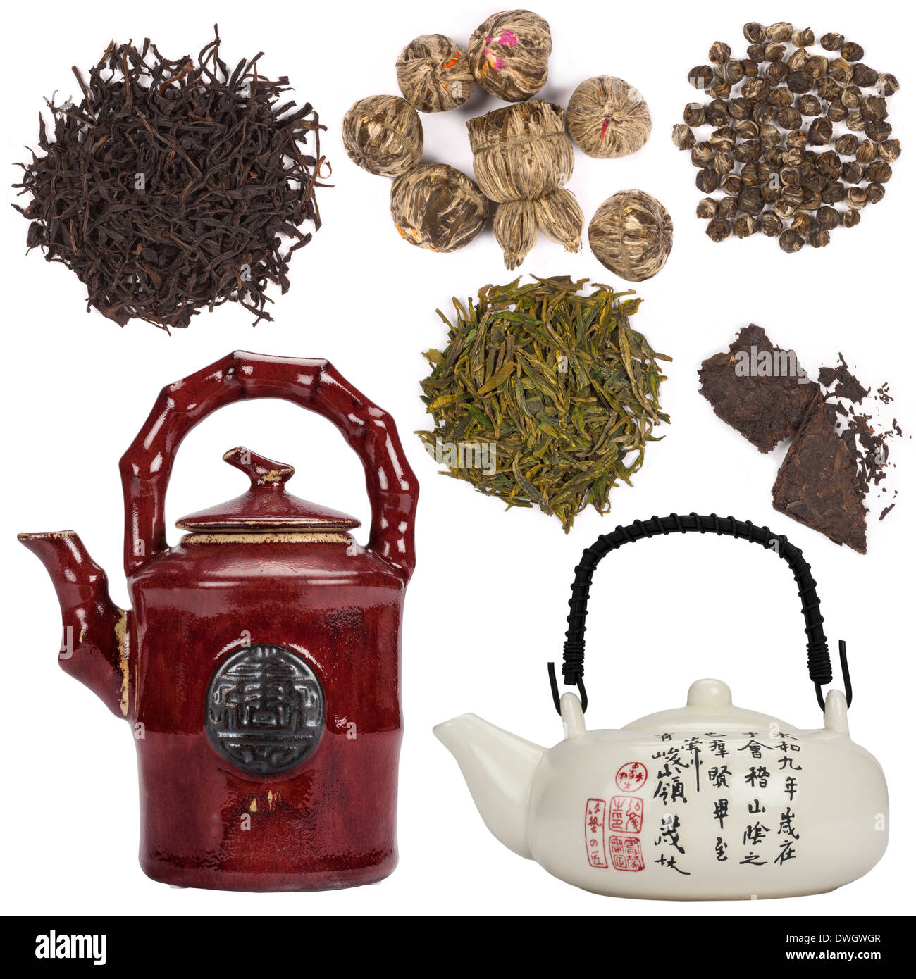 Orientalische (Chinesisch / Japanisch) Teekannen und verschiedene Arten von Tee. Für Ausschnitt isoliert. Stockfoto