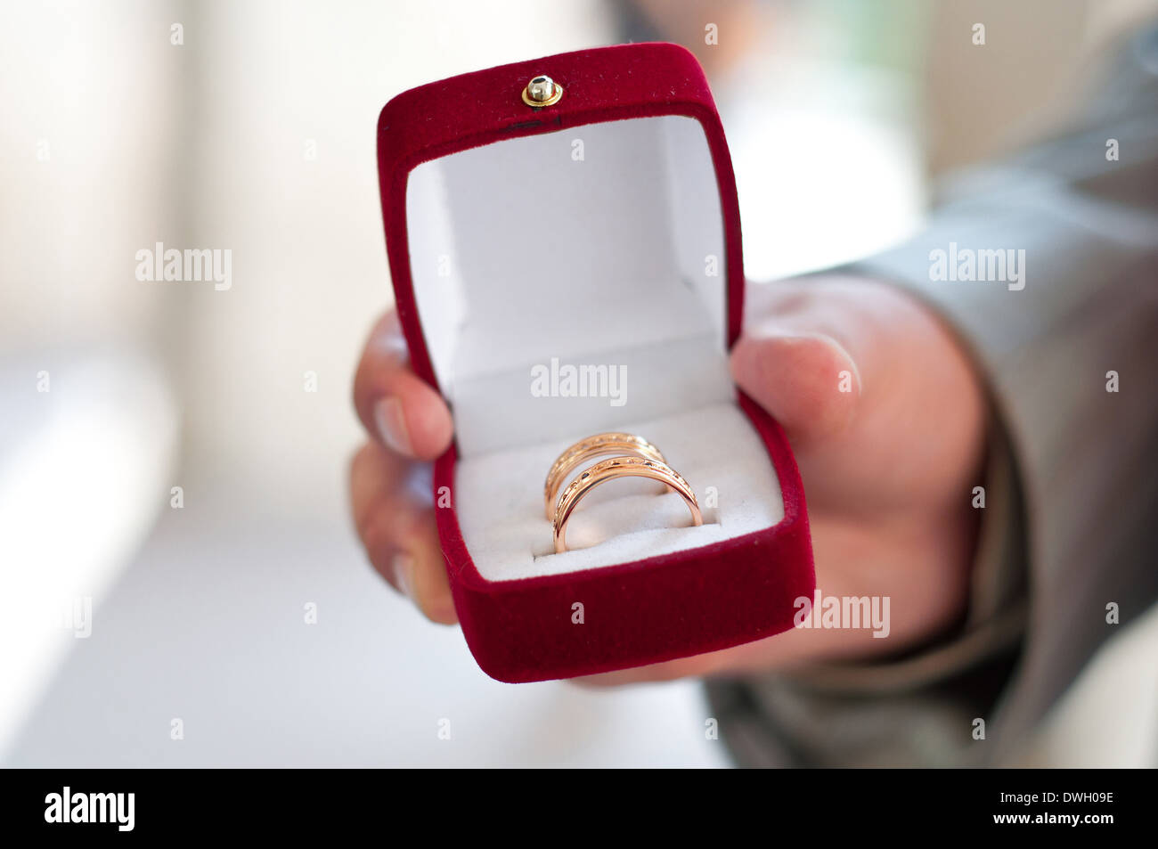 Trauringe in einem roten Feld in Händen Stockfoto