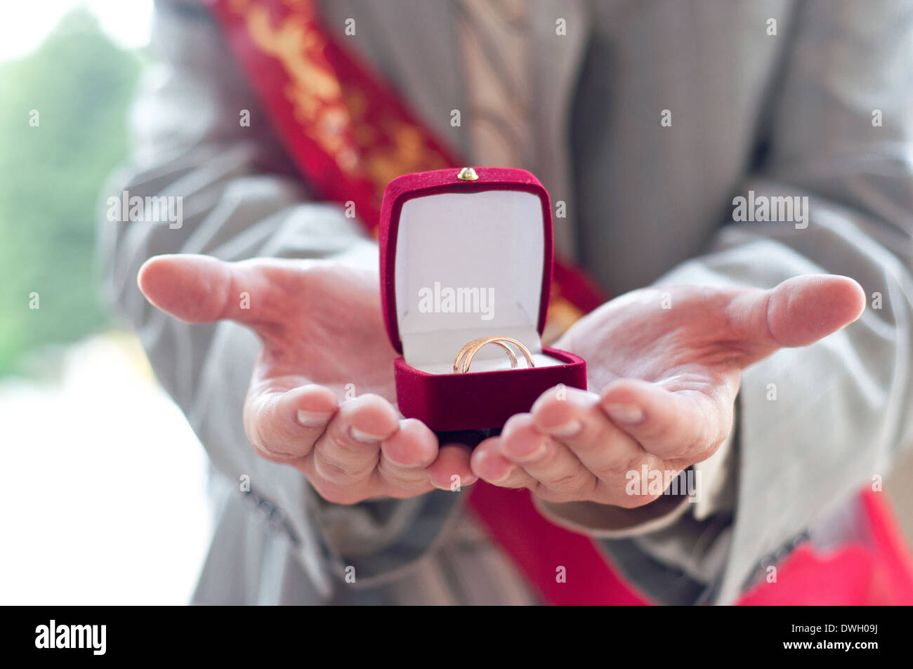 Trauringe in einem roten Feld in Händen Stockfoto