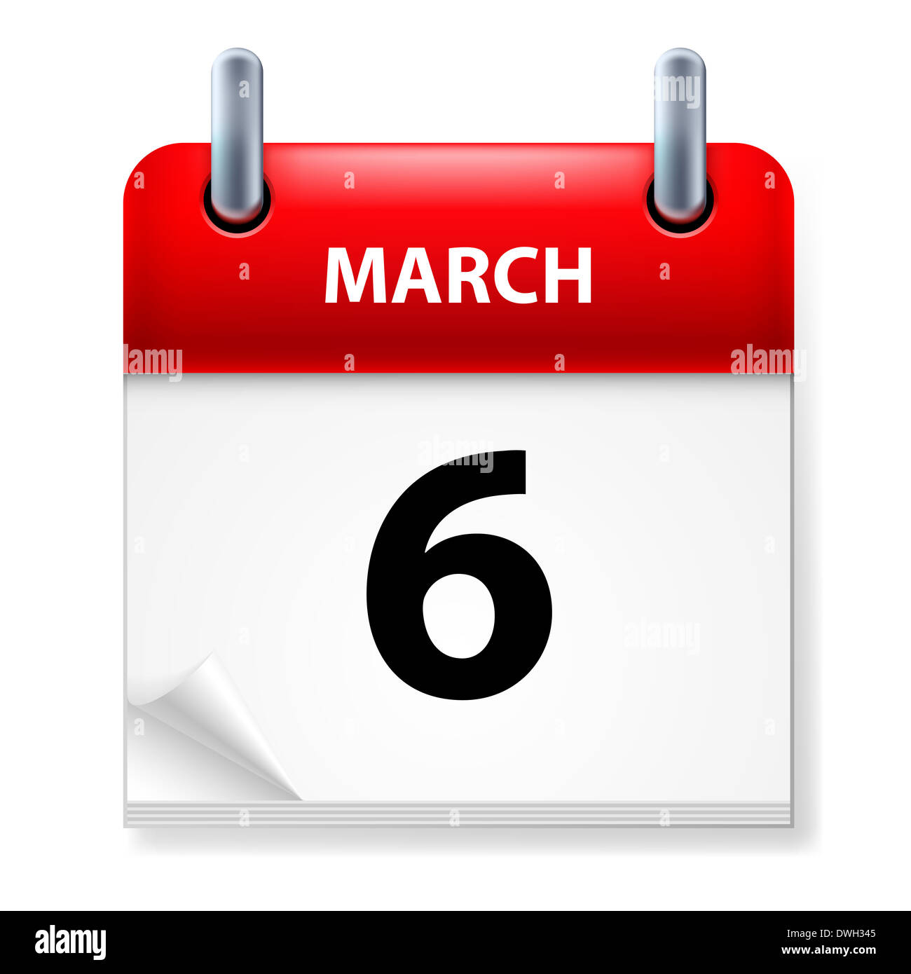 6. März im Kalender-Symbol auf weißem Hintergrund Stockfoto