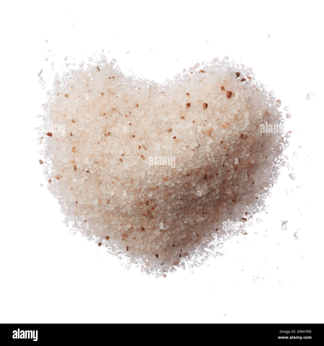 Rosa Himalaya Salz Herz isoliert auf weißem Draufsicht Stockfoto