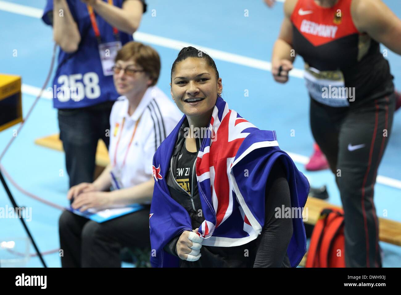 Sopot, Polen 8. März 2014 IAAF World Indoor Championships in Sopot.  Valerie Adams (New Zealand) gewinnt die Goldmedaille im Kugelstoßen Finale Finale. Stockfoto