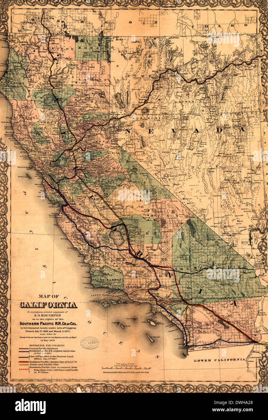 Karte von Kalifornien mit Eisenbahnen, ca. 1876 Stockfoto