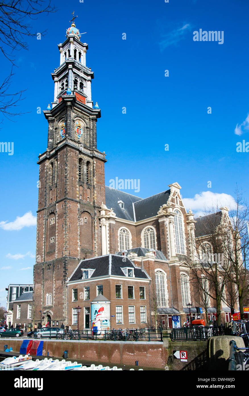 Berühmte Westerkerk evangelische Kirche am Prinsengracht Amsterdam Stockfoto