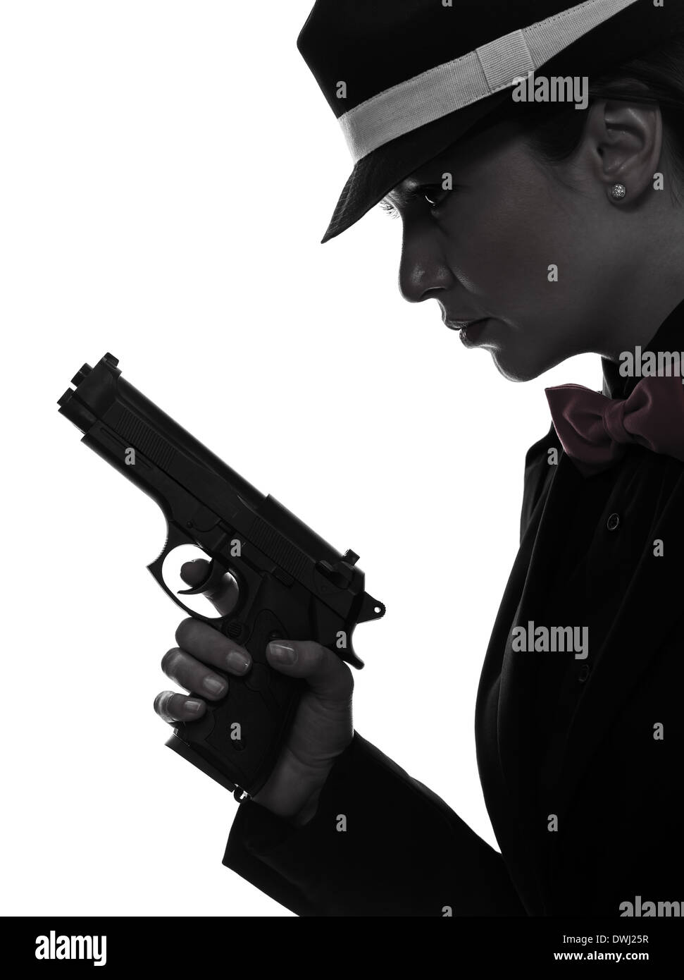 Eine Stilvolle Frau Im Anzug Mit Pistole In Der Silhouette Auf Weissem Hintergrund Stockfotografie Alamy