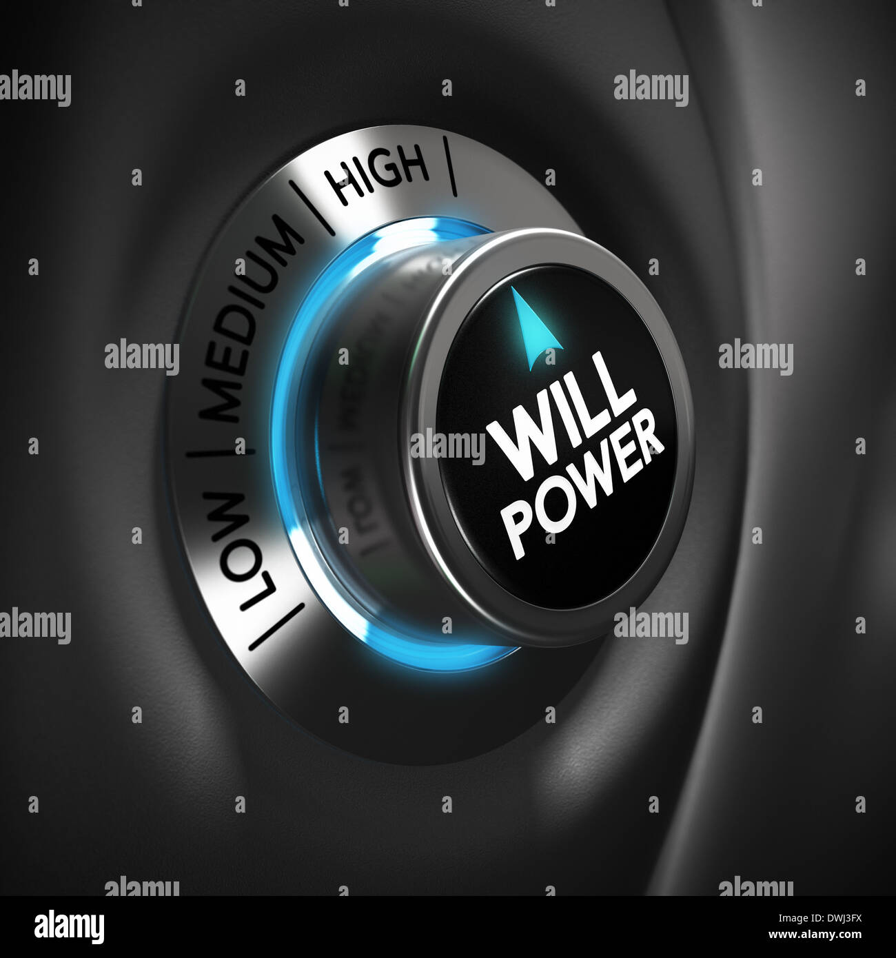 Wird die Schaltfläche "mit blauen und grauen Tönen. Konzeptionelle 3d-render Bild mit Tiefenschärfe blur Effekt. Stockfoto