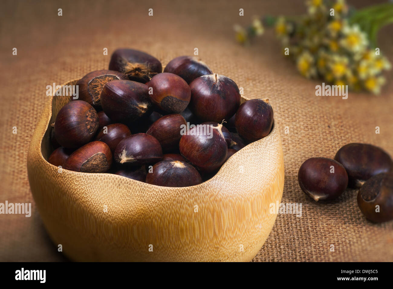 Haufen von Kastanien in die Schüssel. Stockfoto