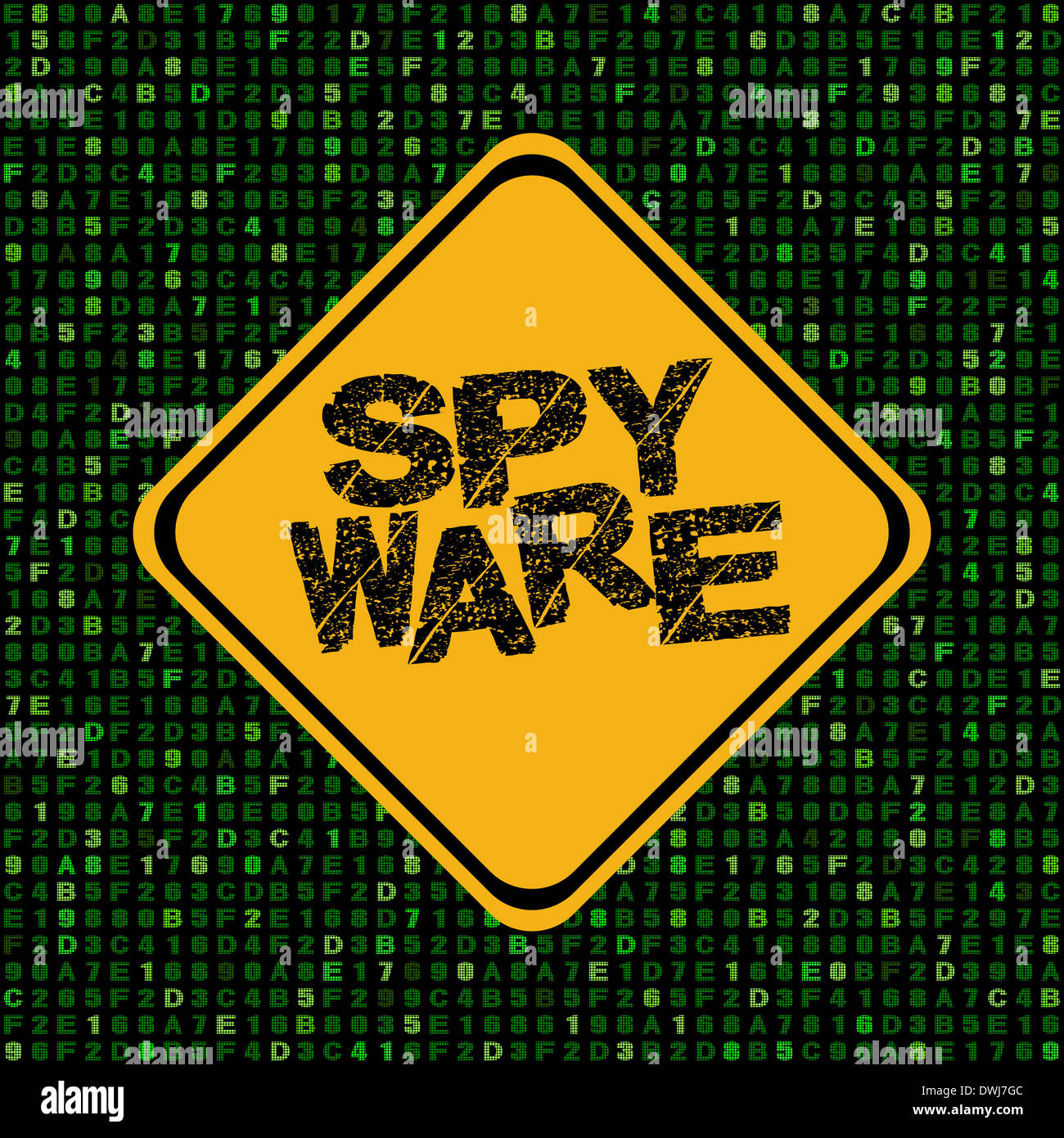 Spyware-Warnschild auf hex-Code illustration Stockfoto
