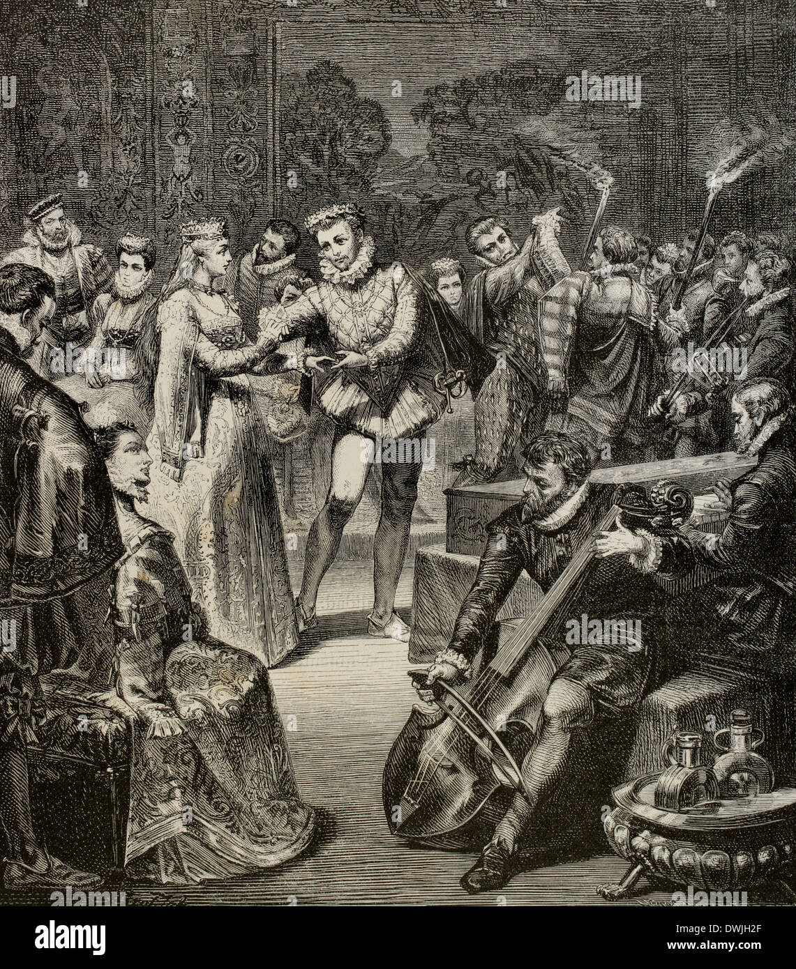 Leopold i. (1640-1705). Kaiser des Heiligen Römischen Reiches. Hochzeitsgesellschaft von Leopold I und Margaret Theresa von Spanien. Gravur. Stockfoto