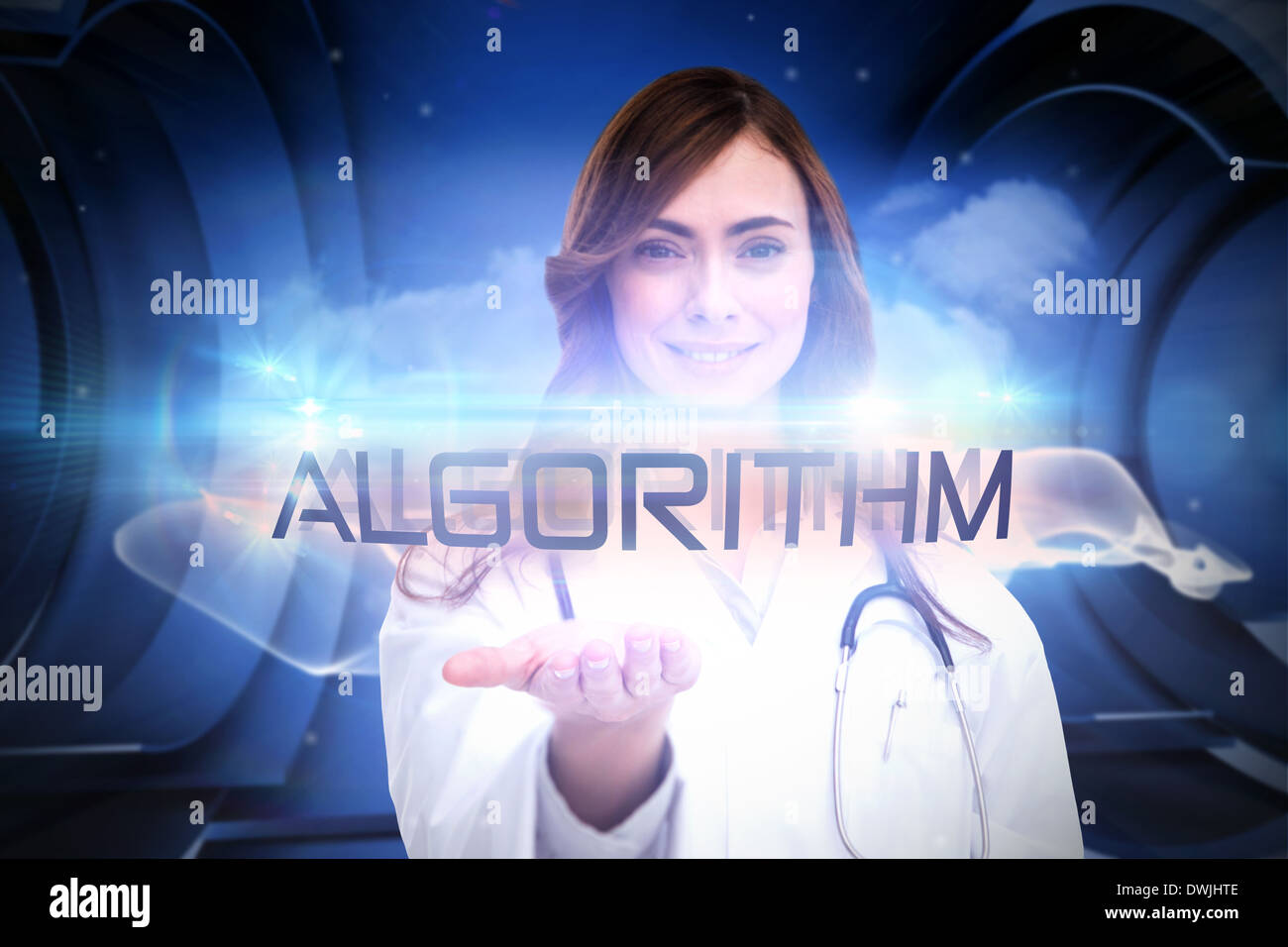 Algorithmus gegen weiße Wolke Design auf eine futuristische Struktur Stockfoto