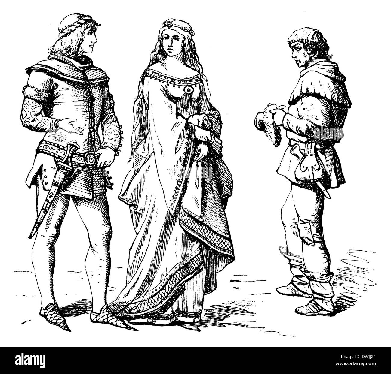 Deutschen (1350-1400), links und Mitte: elegantes Kleid, rechts: Mann des Volkes, das Ende des Jahrhunderts Stockfoto