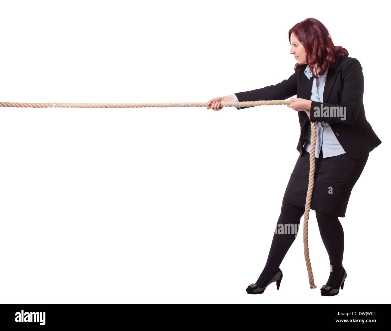Geschäftsfrau Zugseil isoliert auf weißem Hintergrund Stockfoto