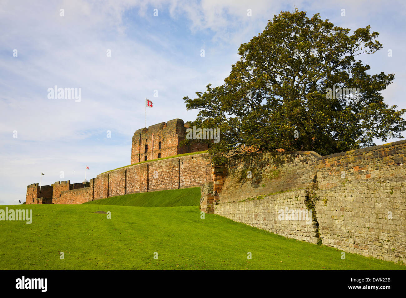 Carlisle Castle und ein Teil der alten Stadtmauer mit Baum hinter. Carlisle Cumbria England Vereinigtes Königreich Großbritannien Stockfoto