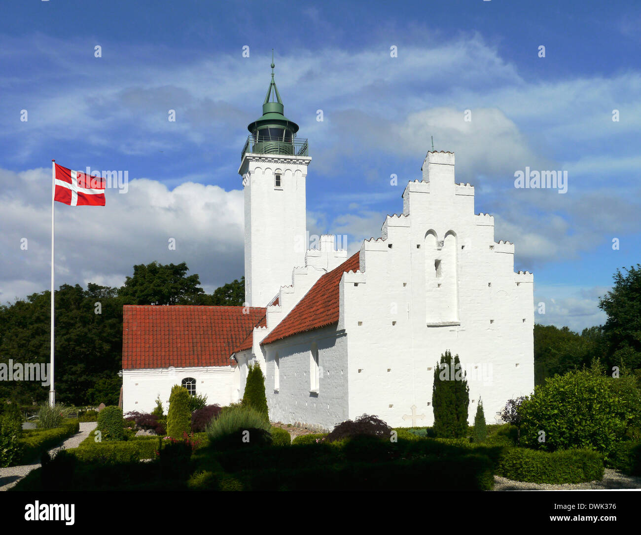 Leuchtturm und Kirche von Tunø, Dänemark Stockfoto
