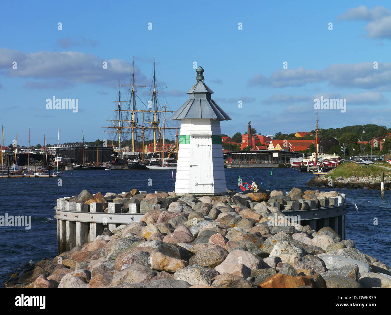 Hafen von Ebeltoft mit Fregatte Jylland, Jütland, Dänemark Stockfoto