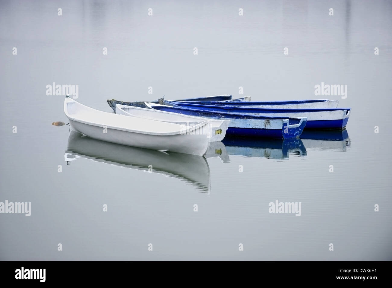 Leere verlassene Fischerboote auf See Stockfoto