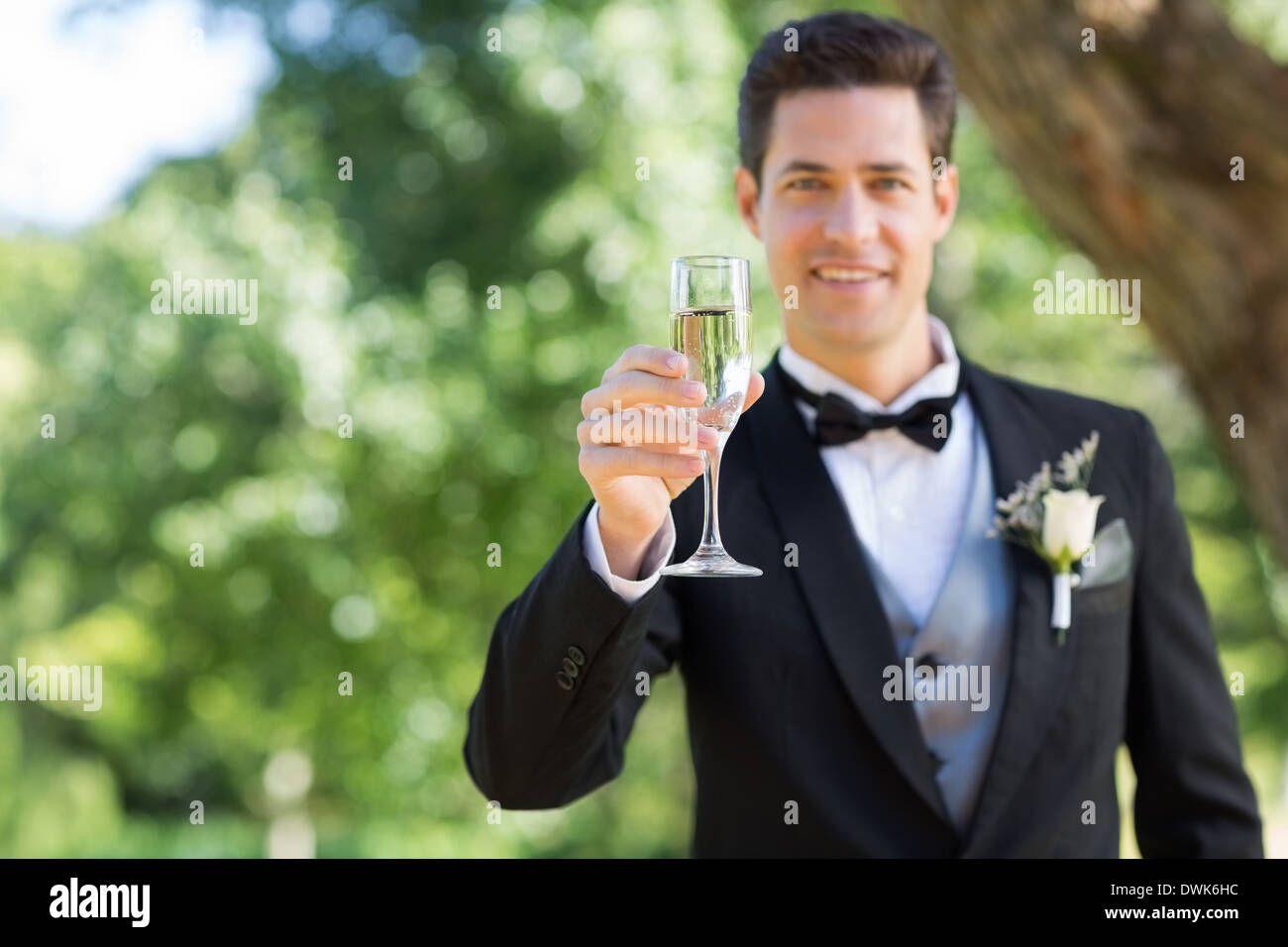 Lächelnde Bräutigam halten Sektflöte "Soirée" im Garten Stockfoto