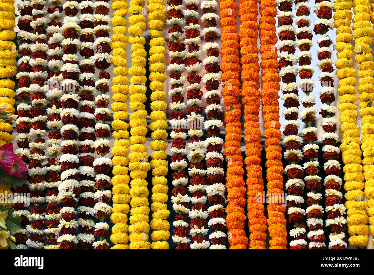 Blumen und Girlanden für Verkauf auf dem Blumenmarkt im Schatten der die Haora-Brücke in Kolkata, Westbengalen, Indien Stockfoto