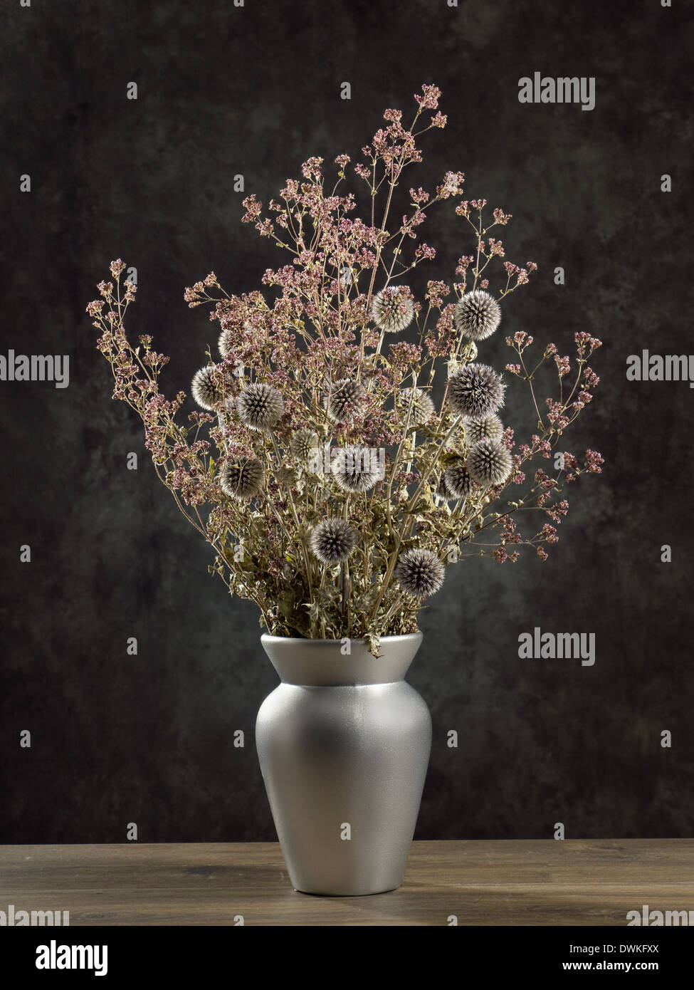 Wilde Blumen Blumenstrauß in Silber Vase über dunklen grauen Hintergrund getrocknet Stockfoto