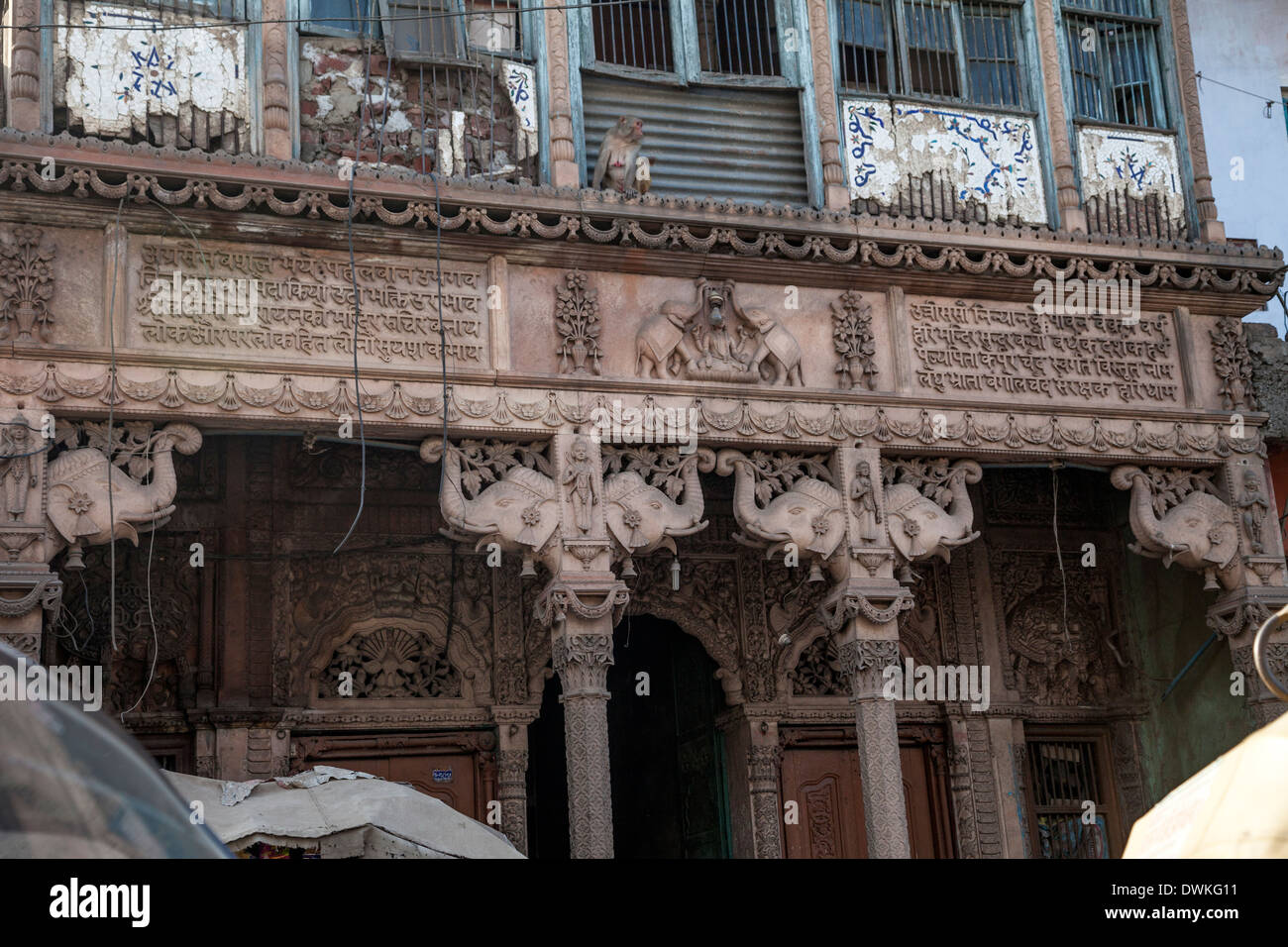 Agra, Indien. Südasiatische architektonische Motive. Elefant Köpfe oben Spalten unterstützen obere Ebene. Hinweis Affe auf Felsvorsprung. Stockfoto