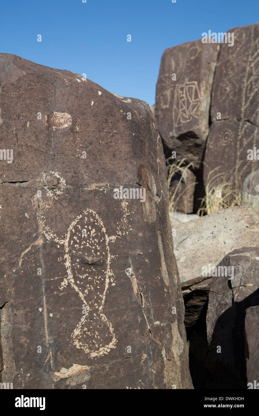 Präsidium der Bodenbewirtschaftung, drei Flüsse Petroglyph Site, Schnitzereien, erstellt von Jornada Mogollon Menschen, New Mexico Stockfoto