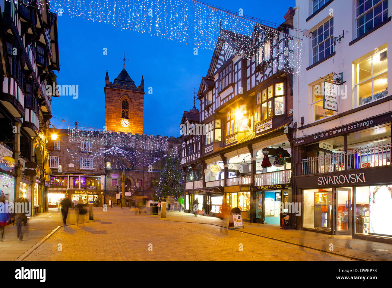 Bridge Street an Weihnachten, Chester, Cheshire, England, Vereinigtes Königreich, Europa Stockfoto