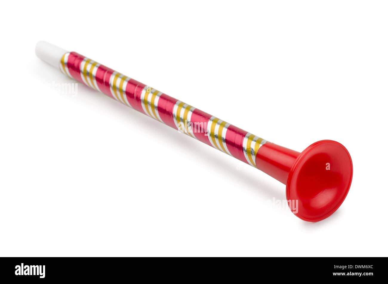 Roten Plastikspielzeug Horn isoliert auf weiss Stockfoto